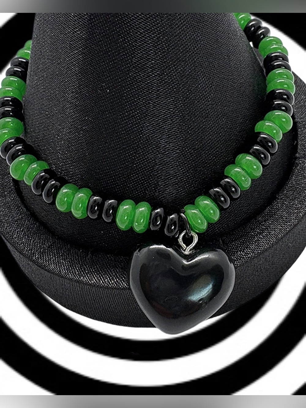 Handmade Black Heart Charm Beaded Stretch Bracelet / Green + Black
